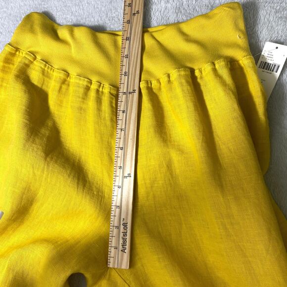 Anthropologie Wide‎ Leg Linen Cropped Pants Women L Yellow Pom Pom Trim Pull On - Picture 11 of 12